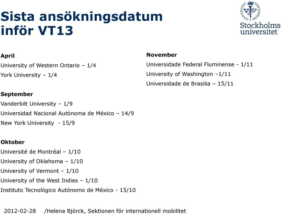 México 14/9 New York University - 15/9 Oktober Université de Montréal 1/10 University of Oklahoma 1/10 University of Vermont 1/10