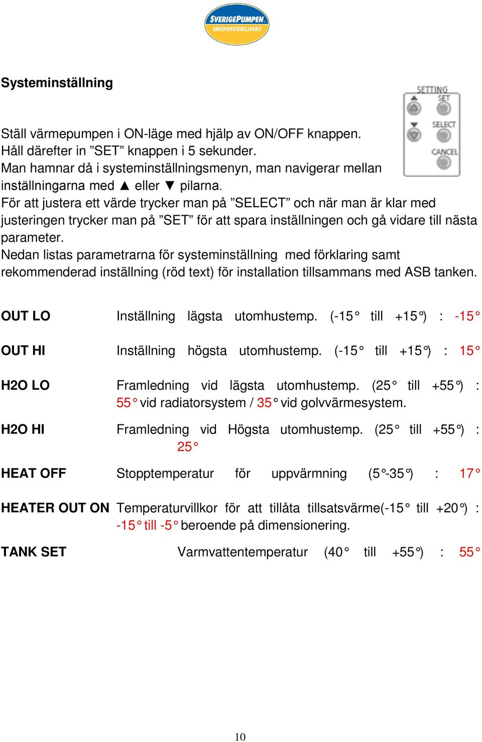 För att justera ett värde trycker man på SELECT och när man är klar med justeringen trycker man på SET för att spara inställningen och gå vidare till nästa parameter.