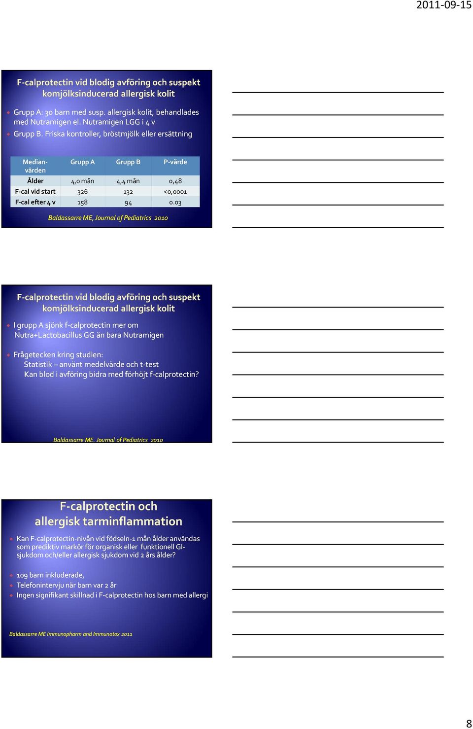 03 Baldassarre ME, Journal of Pediatrics 2010 I grupp A sjönk f-calprotectin mer om Nutra+Lactobacillus GG än bara Nutramigen Frågetecken kring studien: Statistik använt medelvärde och t-testtest Kan