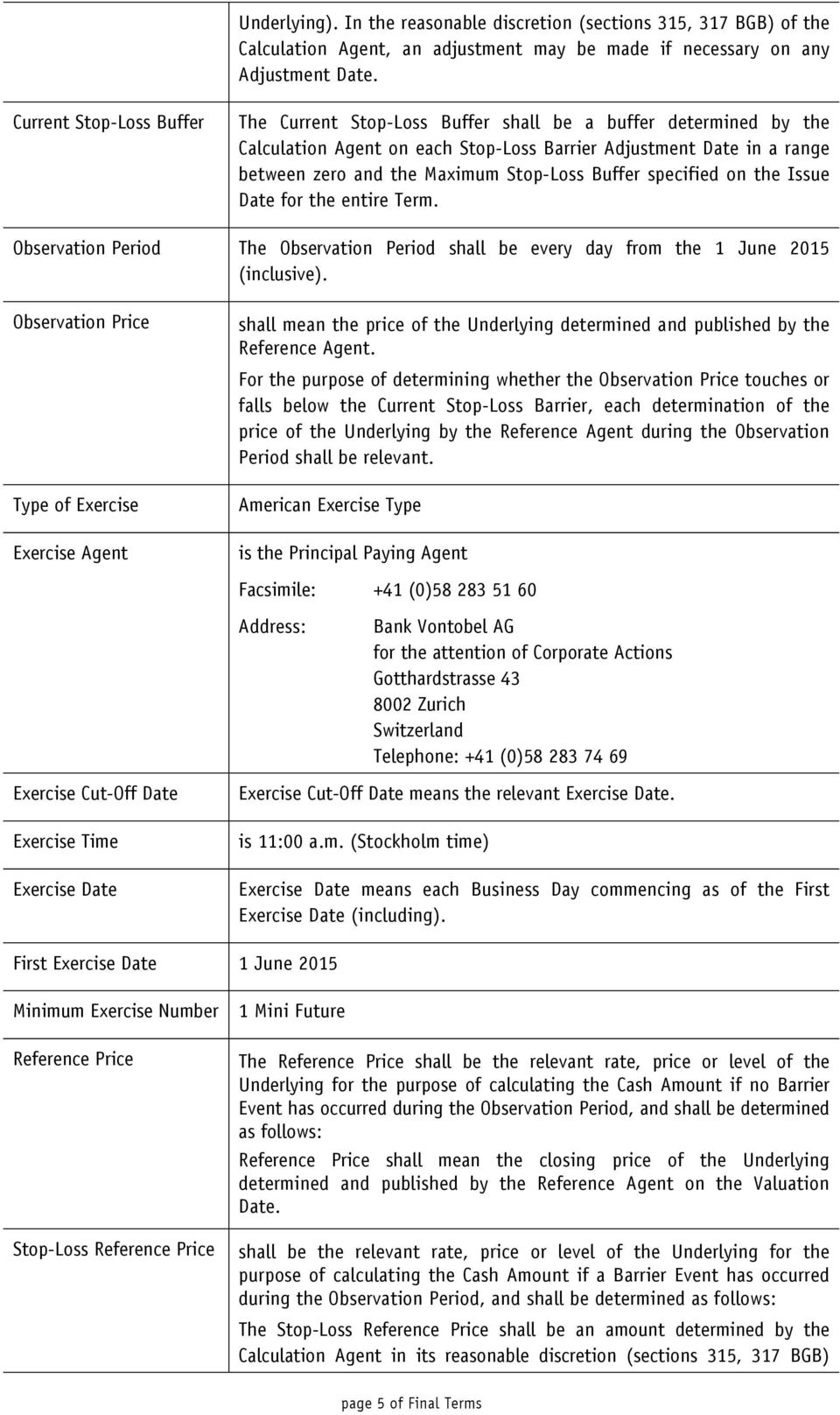 Buffer specified on the Issue Date for the entire Term. Observation Period The Observation Period shall be every day from the 1 June 2015 (inclusive).