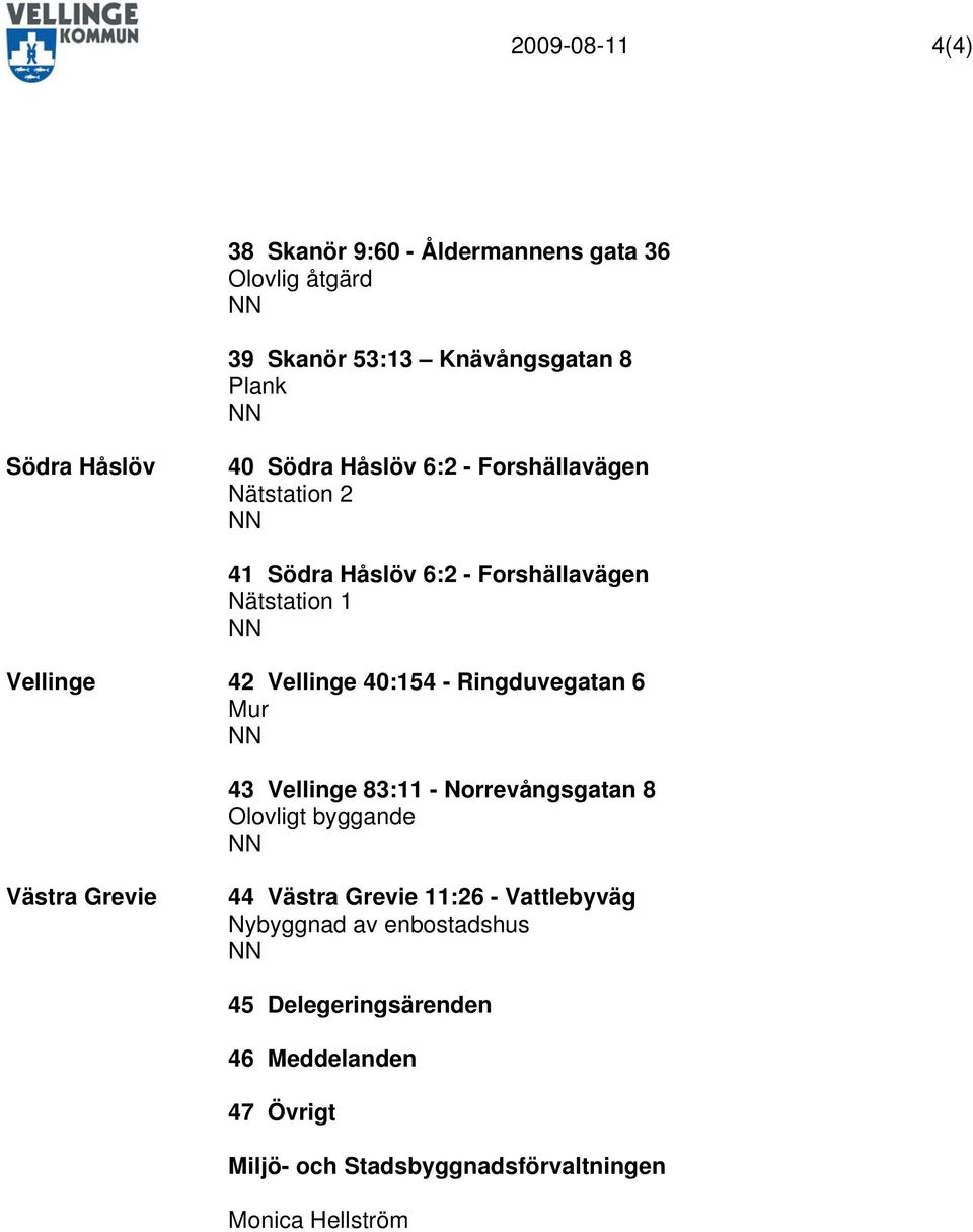 - Ringduvegatan 6 Mur 43 Vellinge 83:11 - Norrevångsgatan 8 Olovligt byggande Västra Grevie 44 Västra Grevie 11:26 -