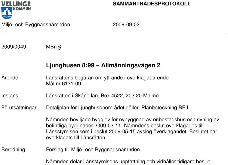 Nämnden beviljade bygglov för nybyggnad av enbostadshus och rivning av befintliga byggnader 2009-03-11.