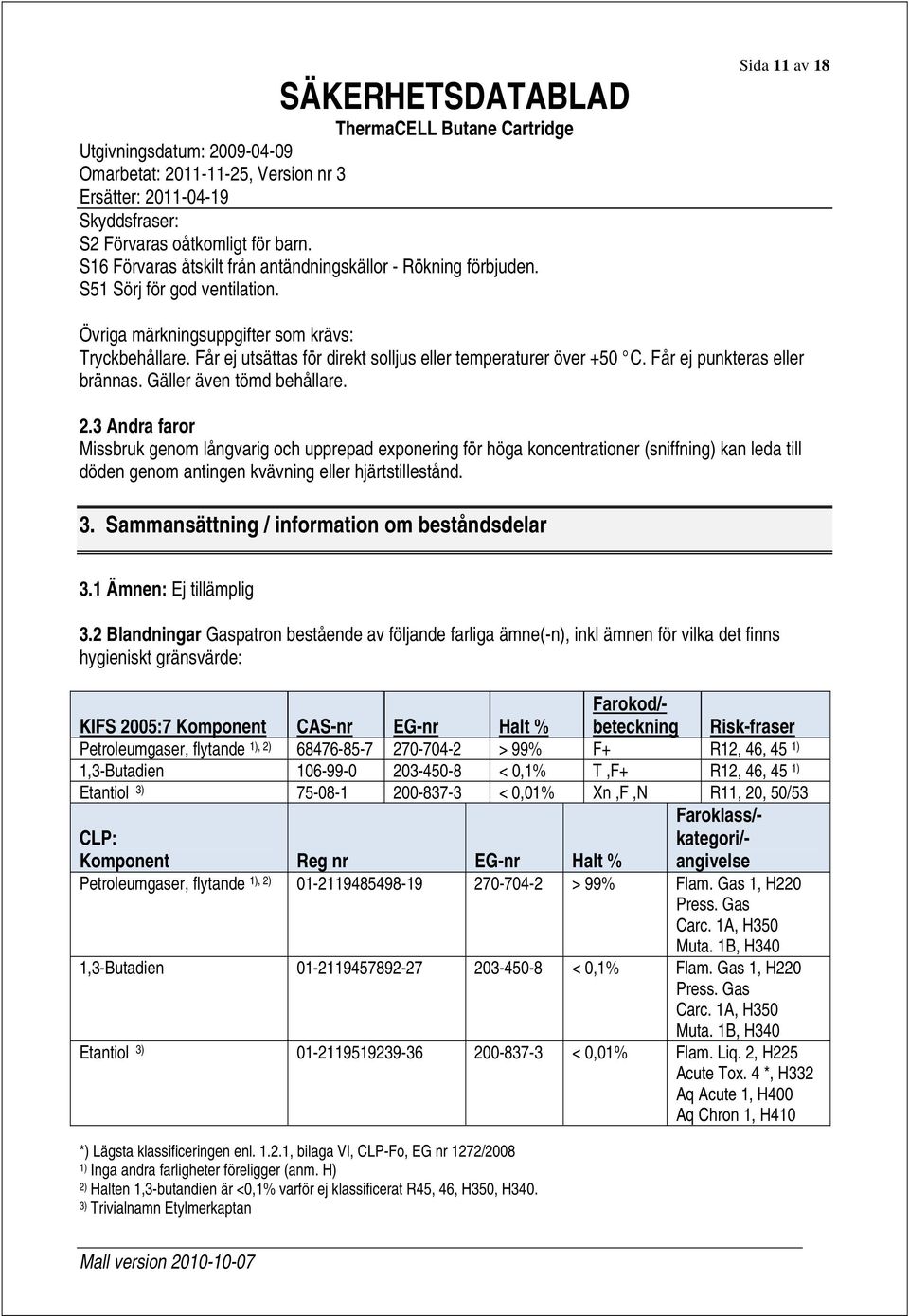 3 Andra faror Missbruk genom långvarig och upprepad exponering för höga koncentrationer (sniffning) kan leda till döden genom antingen kvävning eller hjärtstillestånd. 3.