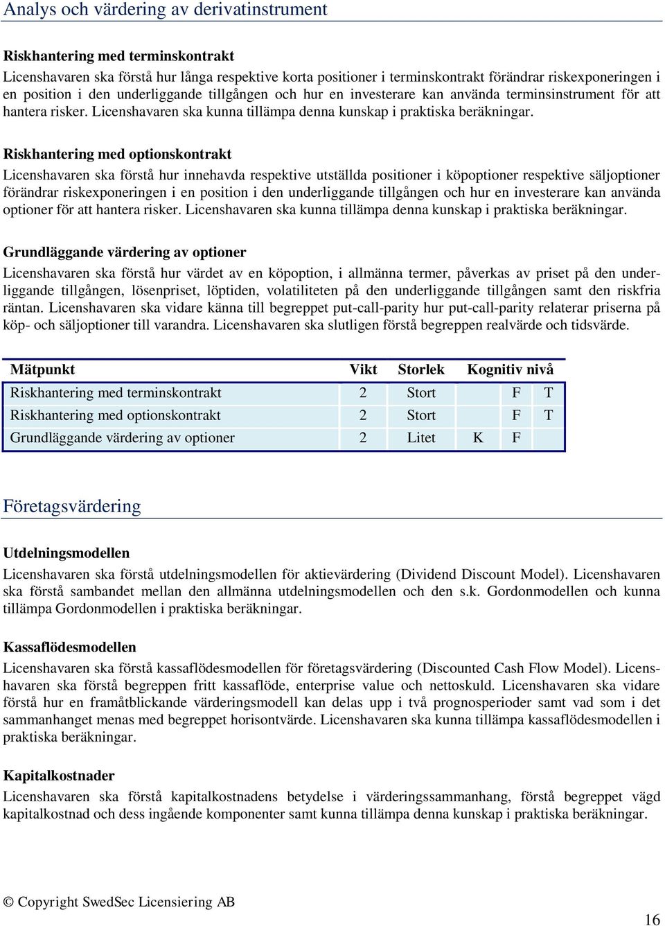 Riskhantering med optionskontrakt Licenshavaren ska förstå hur innehavda respektive utställda positioner i köpoptioner respektive säljoptioner förändrar riskexponeringen i en position i den