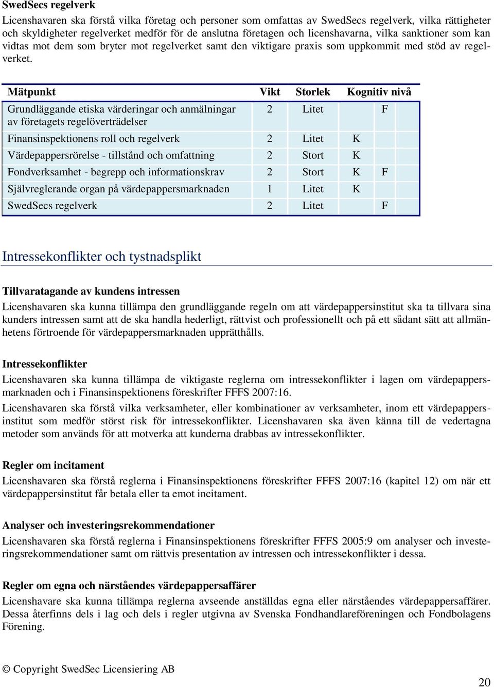Grundläggande etiska värderingar och anmälningar av företagets regelöverträdelser 2 Litet F Finansinspektionens roll och regelverk 2 Litet K Värdepappersrörelse - tillstånd och omfattning 2 Stort K