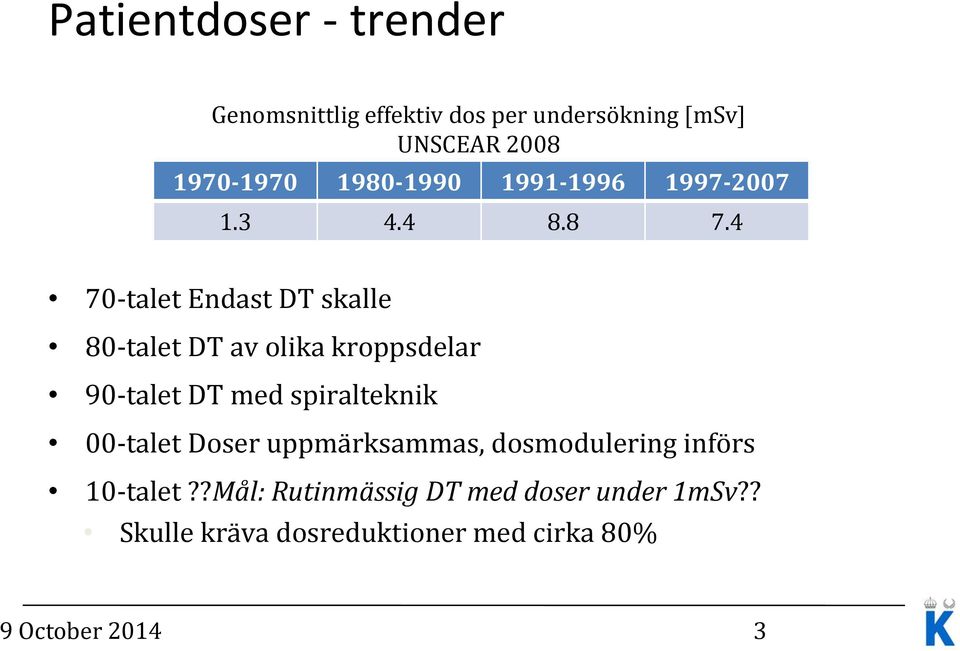 4 70-talet Endast DT skalle 80-talet DT av olika kroppsdelar 90-talet DT med spiralteknik