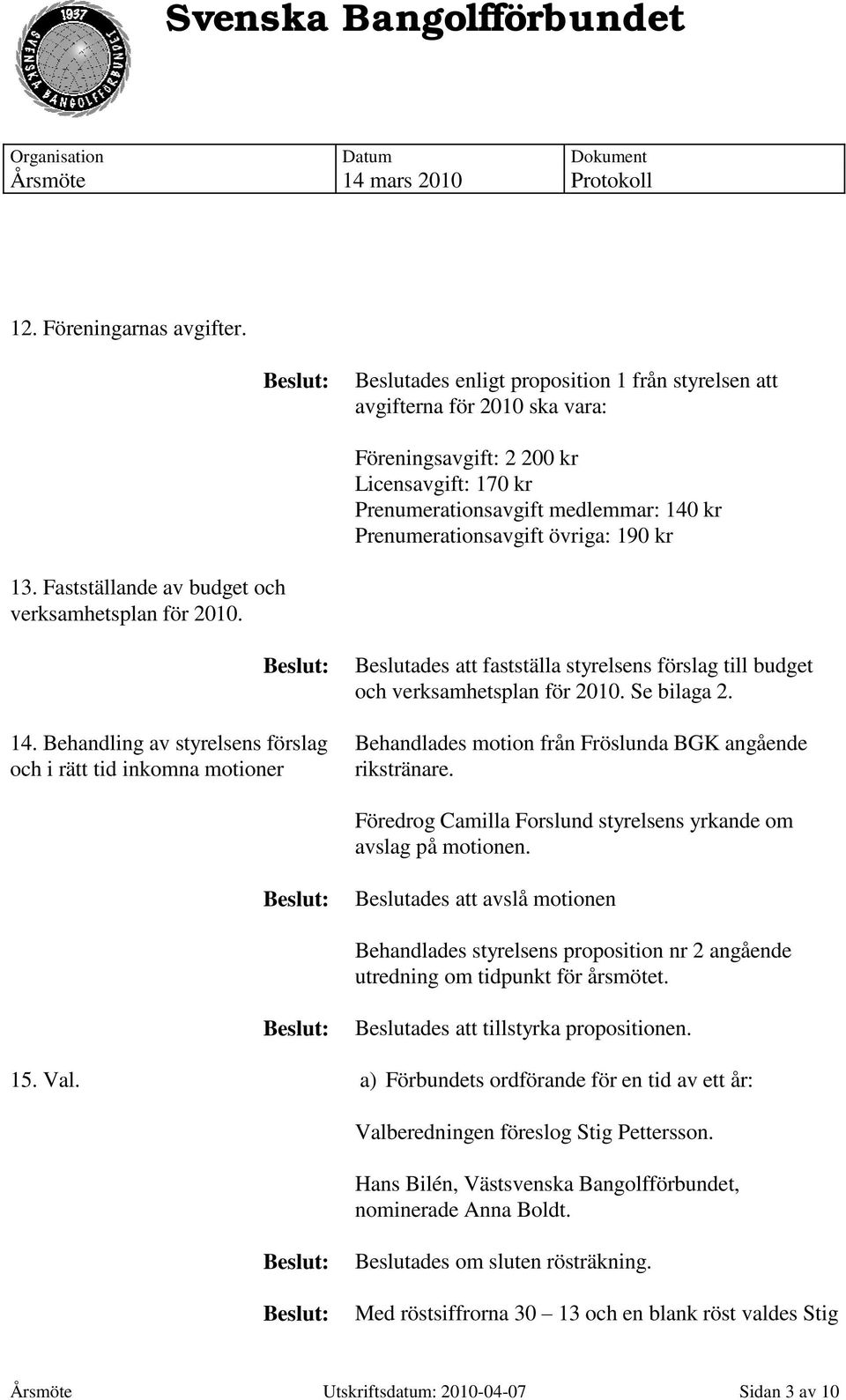 kr 13. Fastställande av budget och verksamhetsplan för 2010. 14.