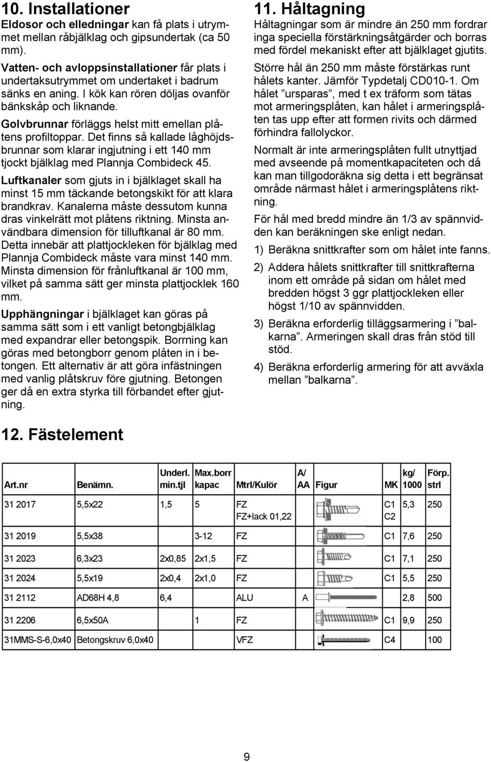 Golvbrunnar förläggs helst mitt emellan plåtens profiltoppar. Det finns så kallade låghöjdsbrunnar som klarar ingjutning i ett 140 mm tjockt bjälklag med Plannja Combideck 45.