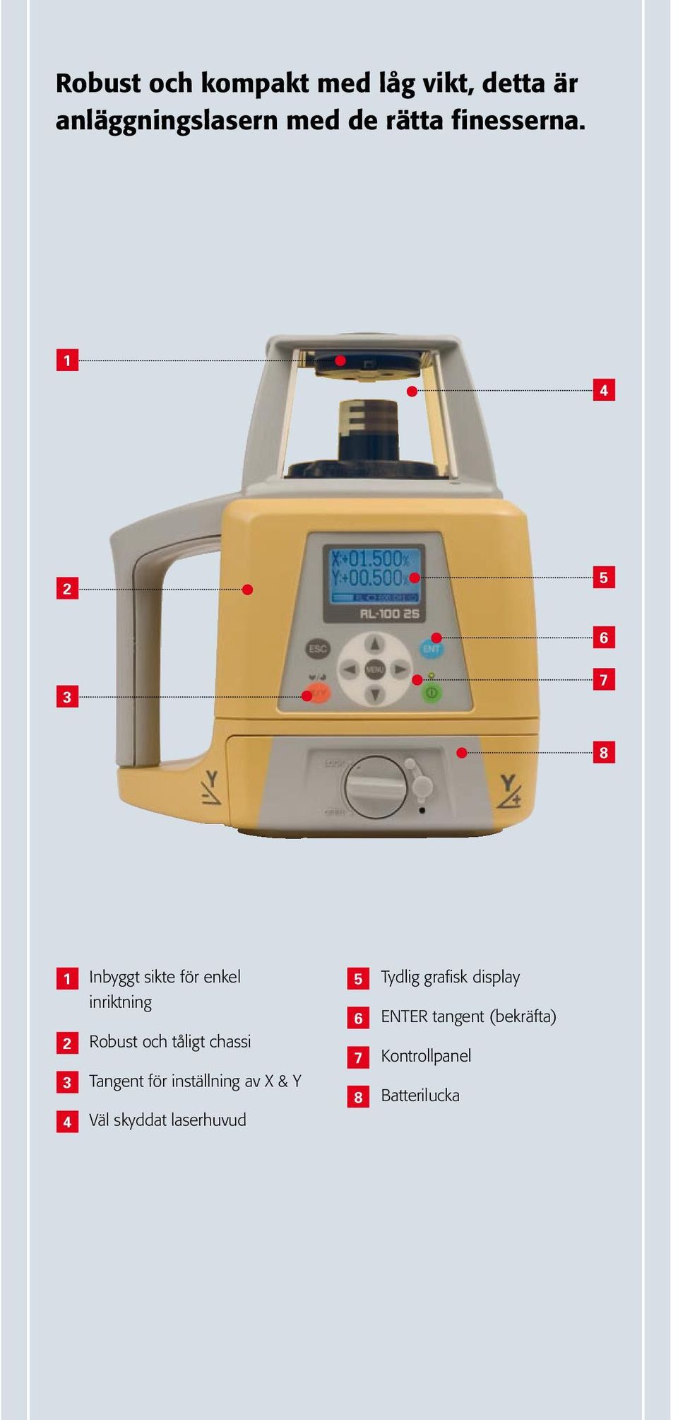 1 4 2 5 6 3 7 8 1 Inbyggt sikte för enkel inriktning 5 6 2 Robust och tåligt