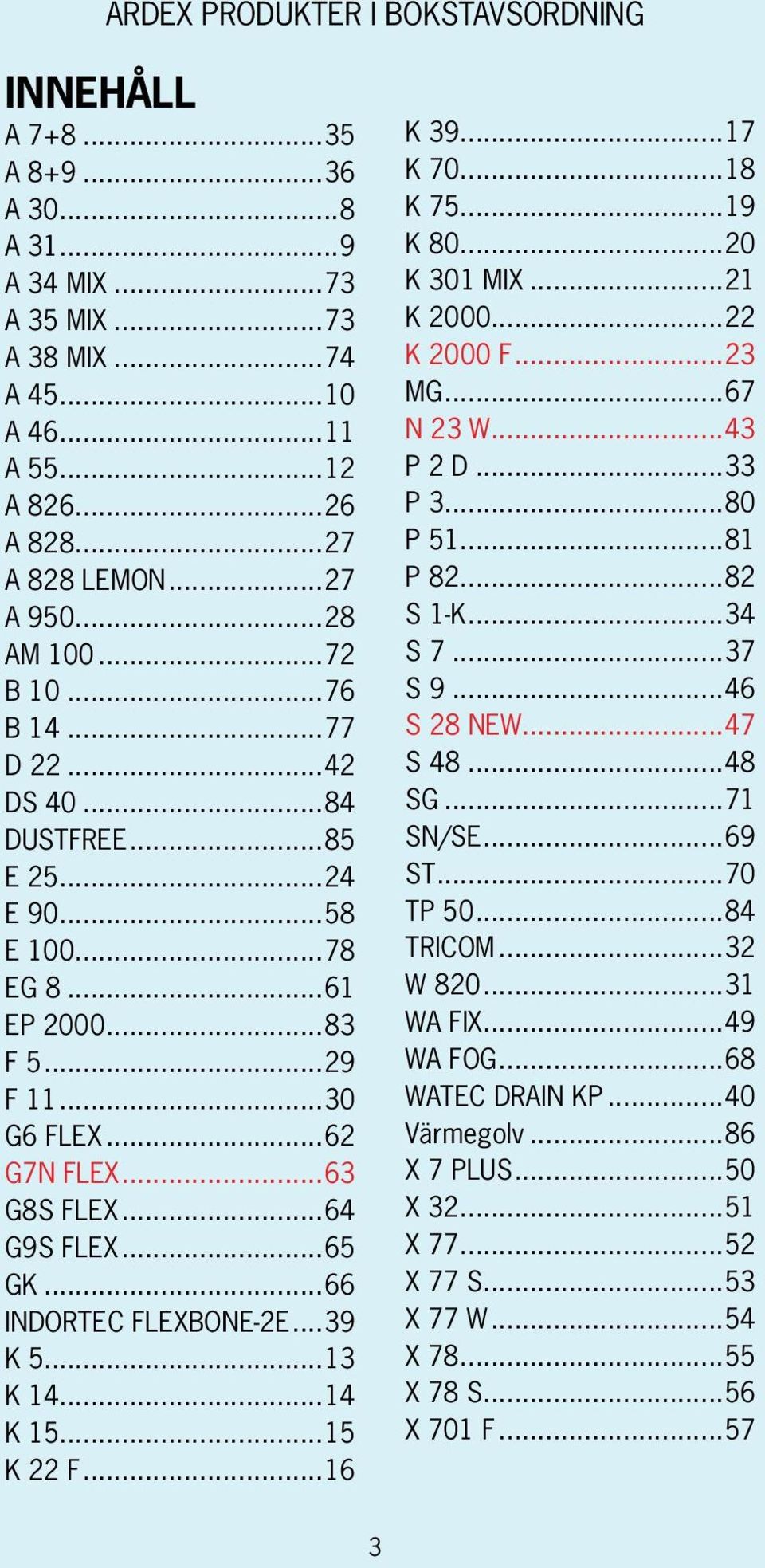 ..65 GK...66 INDORTEC FLEXBONE-2E...39 K 5...13 K 14...14 K 15...15 K 22 F...16 K 39...17 K 70...18 K 75...19 K 80...20 K 301 MIX...21 K 2000...22 K 2000 F...23 MG...67 N 23 W...43 P 2 D...33 P 3.