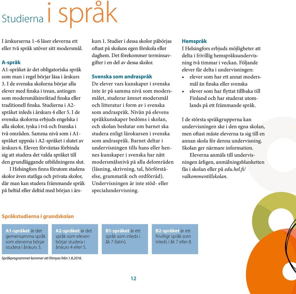 I de svenska skolorna erbjuds engelska i alla skolor, tyska i två och franska i två områden. Samma nivå som i A1- språket uppnås i A2-språket i slutet av årskurs 6.