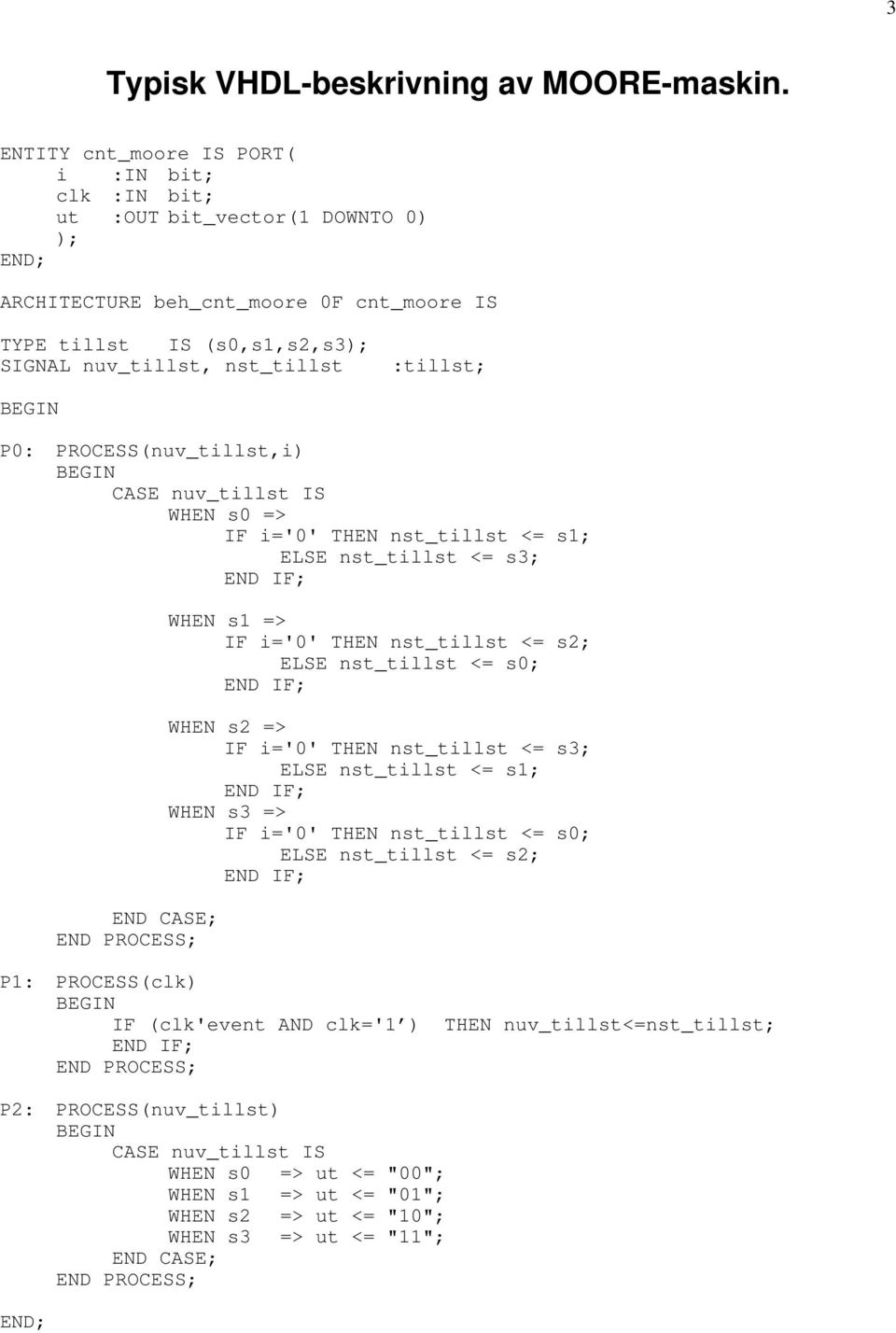 :tillst; P0: PROCESS(nuv_tillst,i) CASE nuv_tillst IS WHEN s0 => IF i='0' THEN nst_tillst <= s1; ELSE nst_tillst <= s3; END CASE; END PROCESS; WHEN s1 => IF i='0' THEN nst_tillst <= s2; ELSE