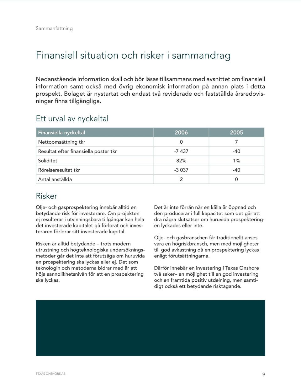 Ett urval av nyckeltal Finansiella nyckeltal 2006 2005 Nettoomsättning tkr 0 7 Resultat efter finansiella poster tkr -7 437-40 Soliditet 82% 1% Rörelseresultat tkr -3 037-40 Antal anställda 2 0