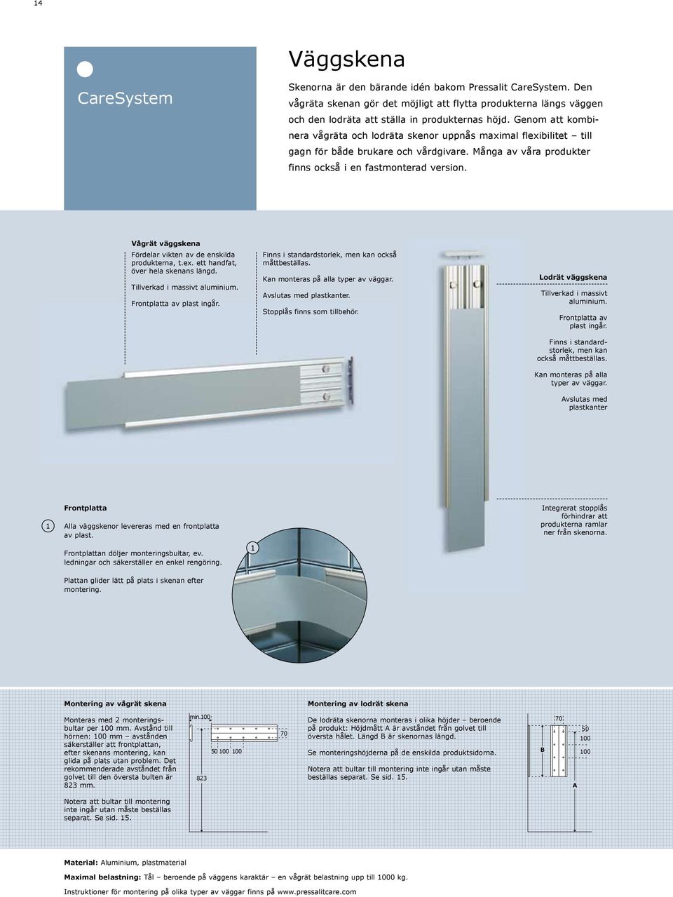 Vågrät väggskena Fördelar vikten av de enskilda produkterna, t.ex. ett handfat, över hela skenans längd. Tillverkad i massivt aluminium. Frontplatta av plast ingår.
