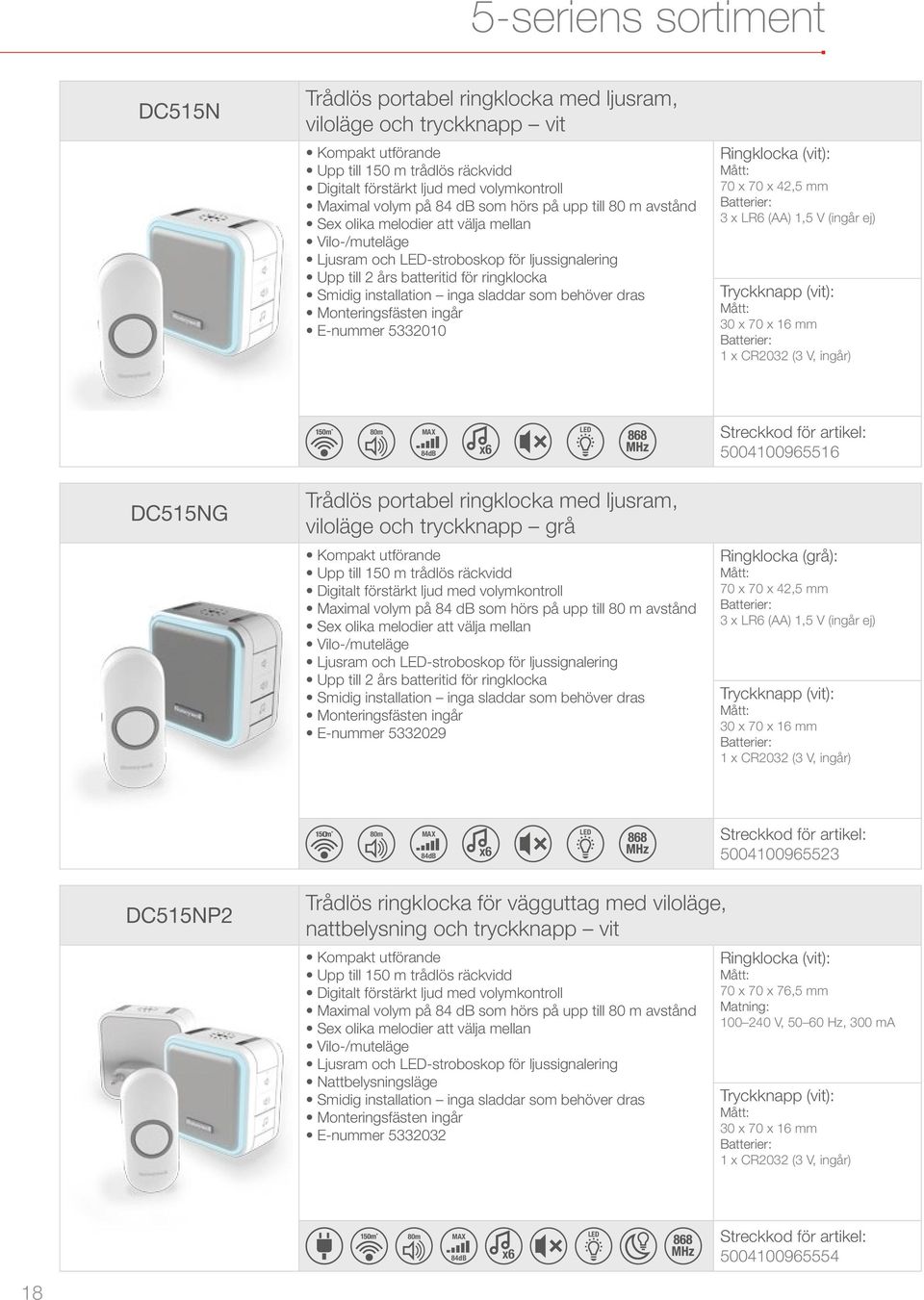 x LR6 (AA) 1,5 V (ingår ej) 80m 84dB x6 5004100965516 DC515NG Trådlös portabel ringklocka med ljusram, viloläge och tryckknapp grå Kompakt utförande Upp till 150 m trådlös räckvidd Maximal volym på