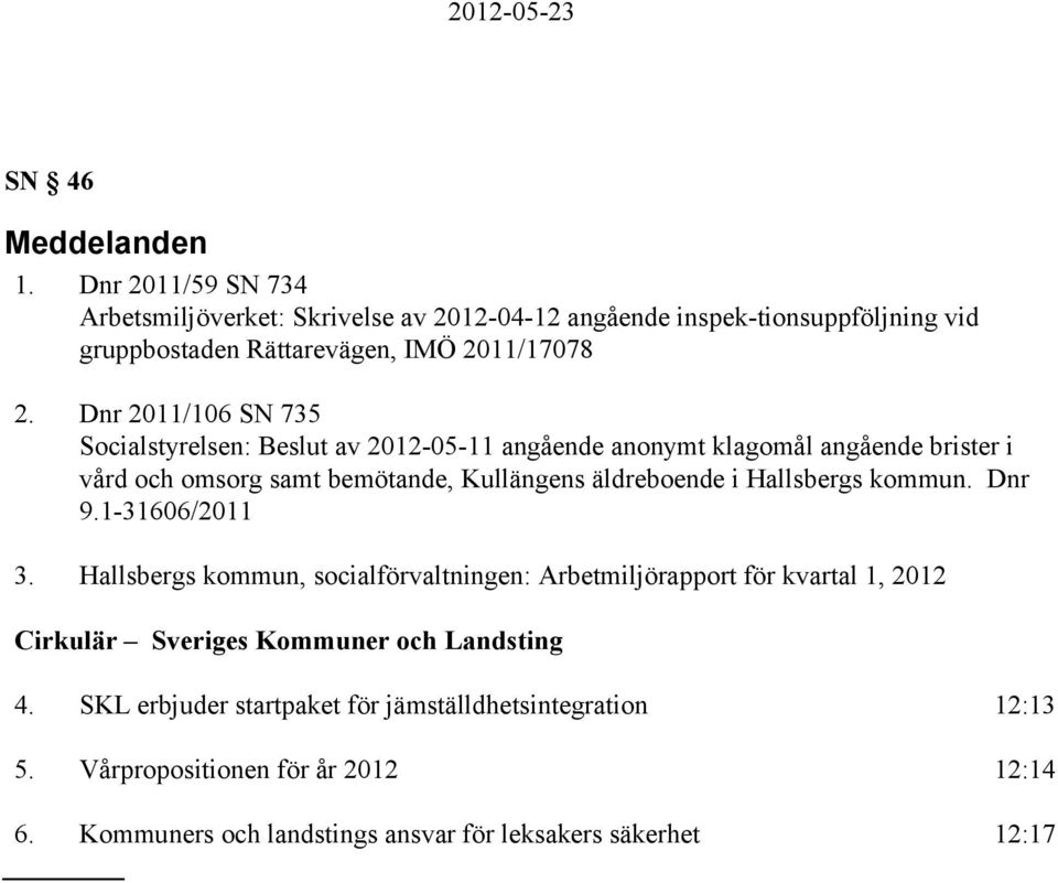 Dnr 2011/106 SN 735 Socialstyrelsen: Beslut av 2012-05-11 angående anonymt klagomål angående brister i vård och omsorg samt bemötande, Kullängens äldreboende i