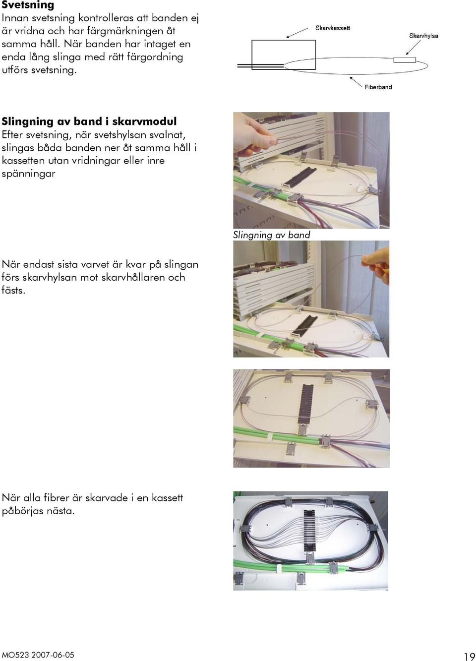 Slingning av band i skarvmodul Efter svetsning, när svetshylsan svalnat, slingas båda banden ner åt samma håll i kassetten utan