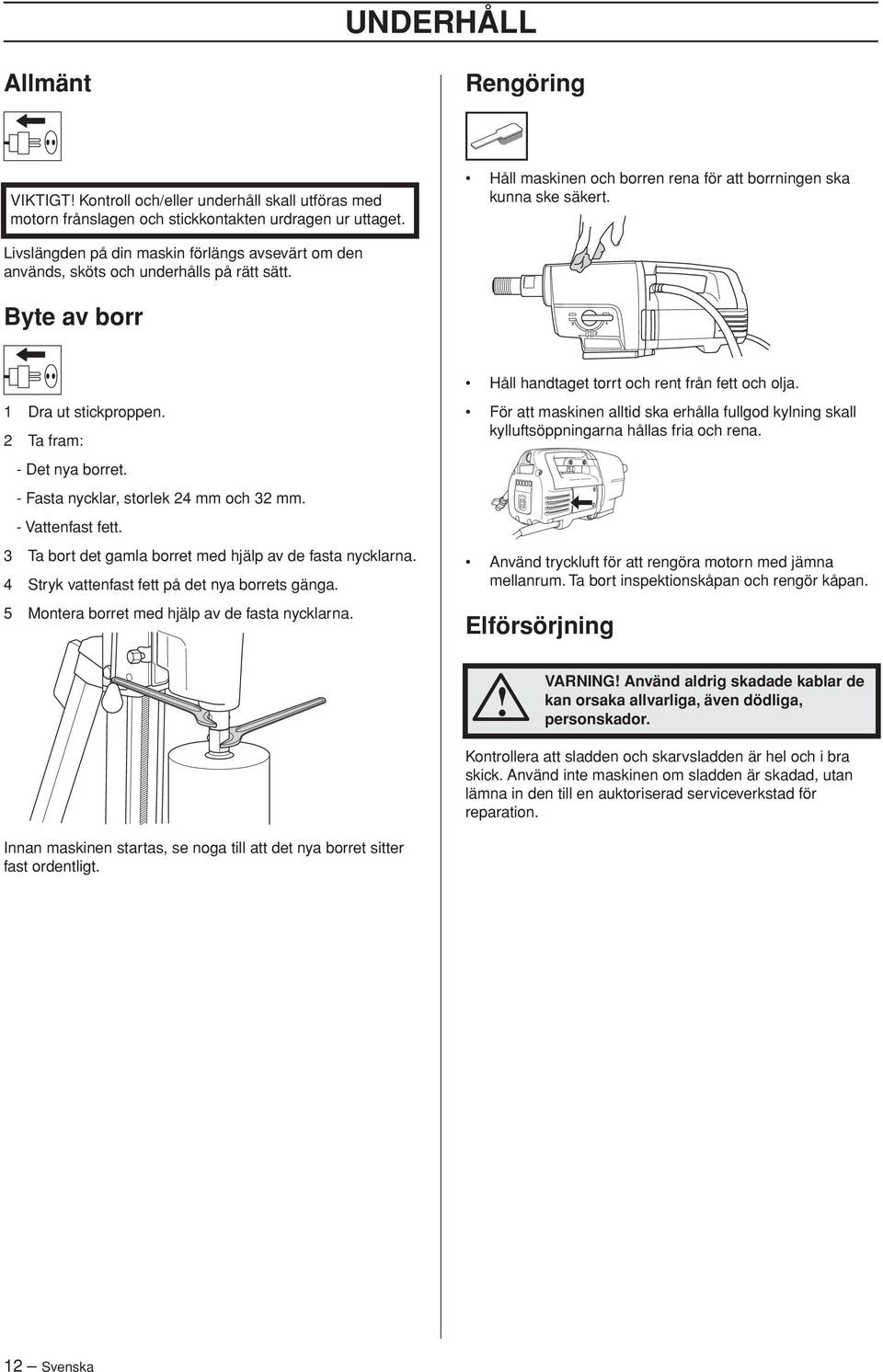 Byte av borr Håll handtaget torrt och rent från fett och olja. 1 Dra ut stickproppen. 2 Ta fram: - Det nya borret. - Fasta nycklar, storlek 24 mm och 32 mm. - Vattenfast fett.