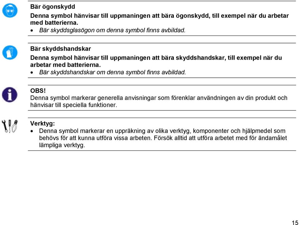 Bär skyddshandskar om denna symbol finns avbildad. OBS!