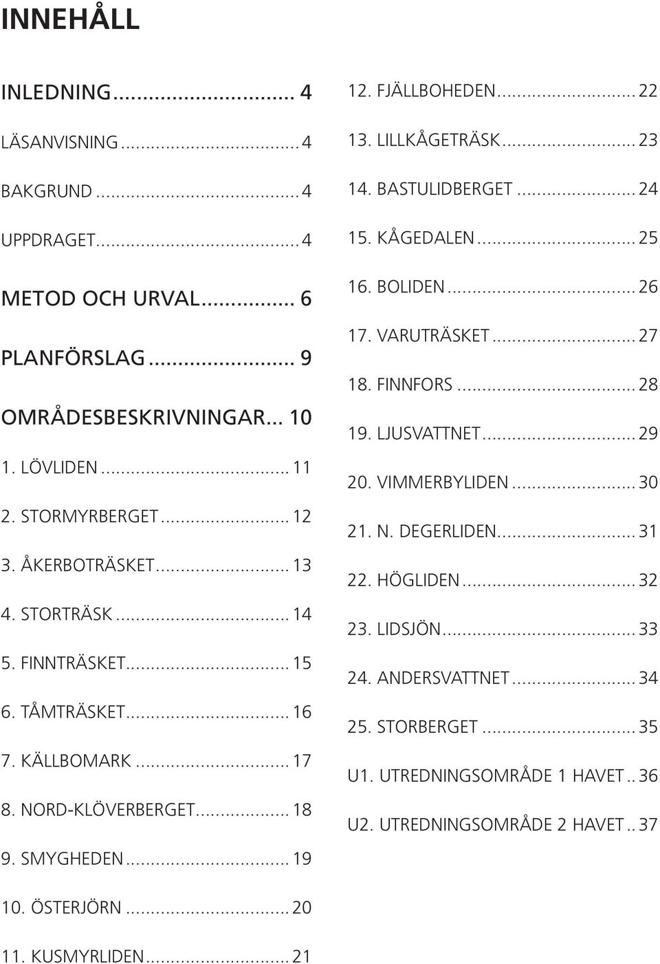 LILLKÅGETRÄSK... 23 14. BASTULIDBERGET... 24 15. KÅGEDALEN... 25 16. BOLIDEN... 26 17. VARUTRÄSKET... 27 18. FINNFORS... 28 19. LJUSVATTNET... 29 20. VIMMERBYLIDEN... 30 21. N.