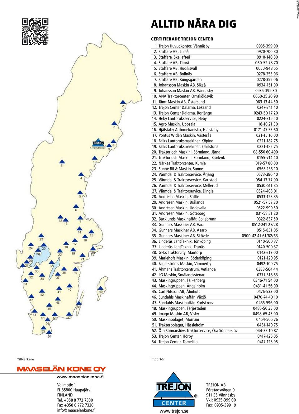 Johansson Maskin AB, Vännäsby 0935-399 30 10. ANA Traktorcenter, Örnsköldsvik 0660-25 20 90 11. Jämt-Maskin AB, Östersund 063-13 44 50 12. Trejon Center Dalarna, Leksand 0247-341 10 13.