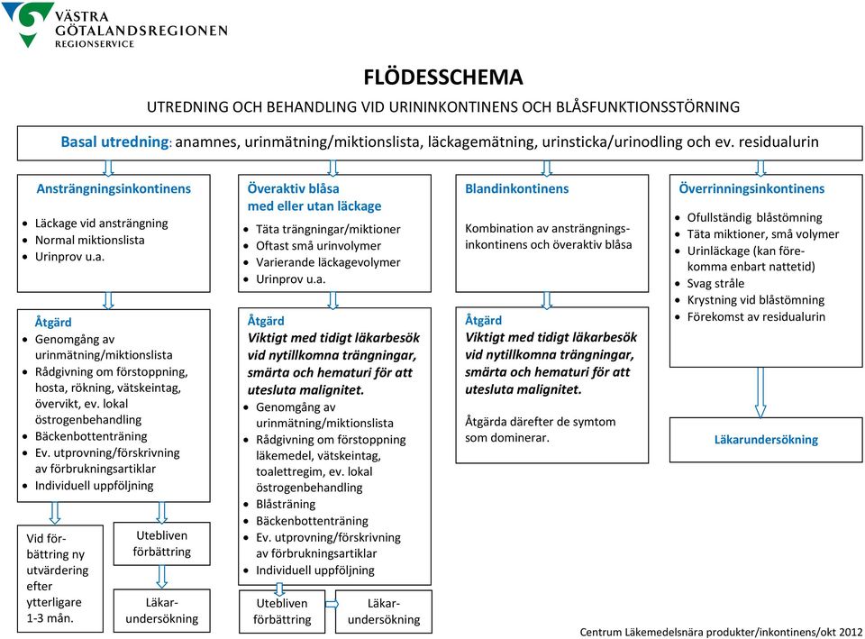 lokal östrogenbehandling Bäckenbottenträning Ev. utprovning/förskrivning av förbrukningsartiklar Individuell uppföljning d f å Vid förbättring ny utvärdering efter ytterligare 1-3 mån.