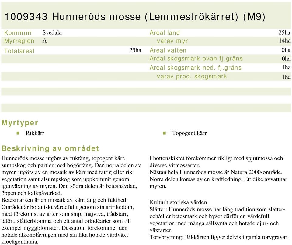 Den norra delen av myren utgörs av en mosaik av kärr med fattig eller rik vegetation samt alsumpskog som uppkommit genom igenväxning av myren. Den södra delen är beteshävdad, öppen och kalkpåverkad.