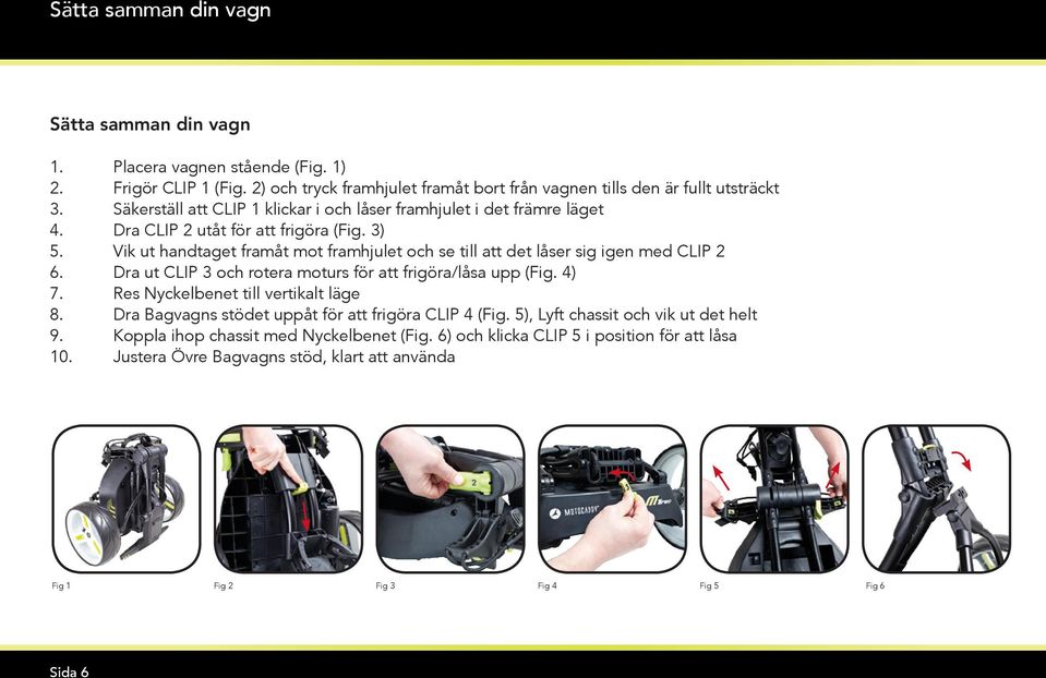 Vik ut handtaget framåt mot framhjulet och se till att det låser sig igen med CLIP 2 6. Dra ut CLIP 3 och rotera moturs för att frigöra/låsa upp (Fig. 4) 7.