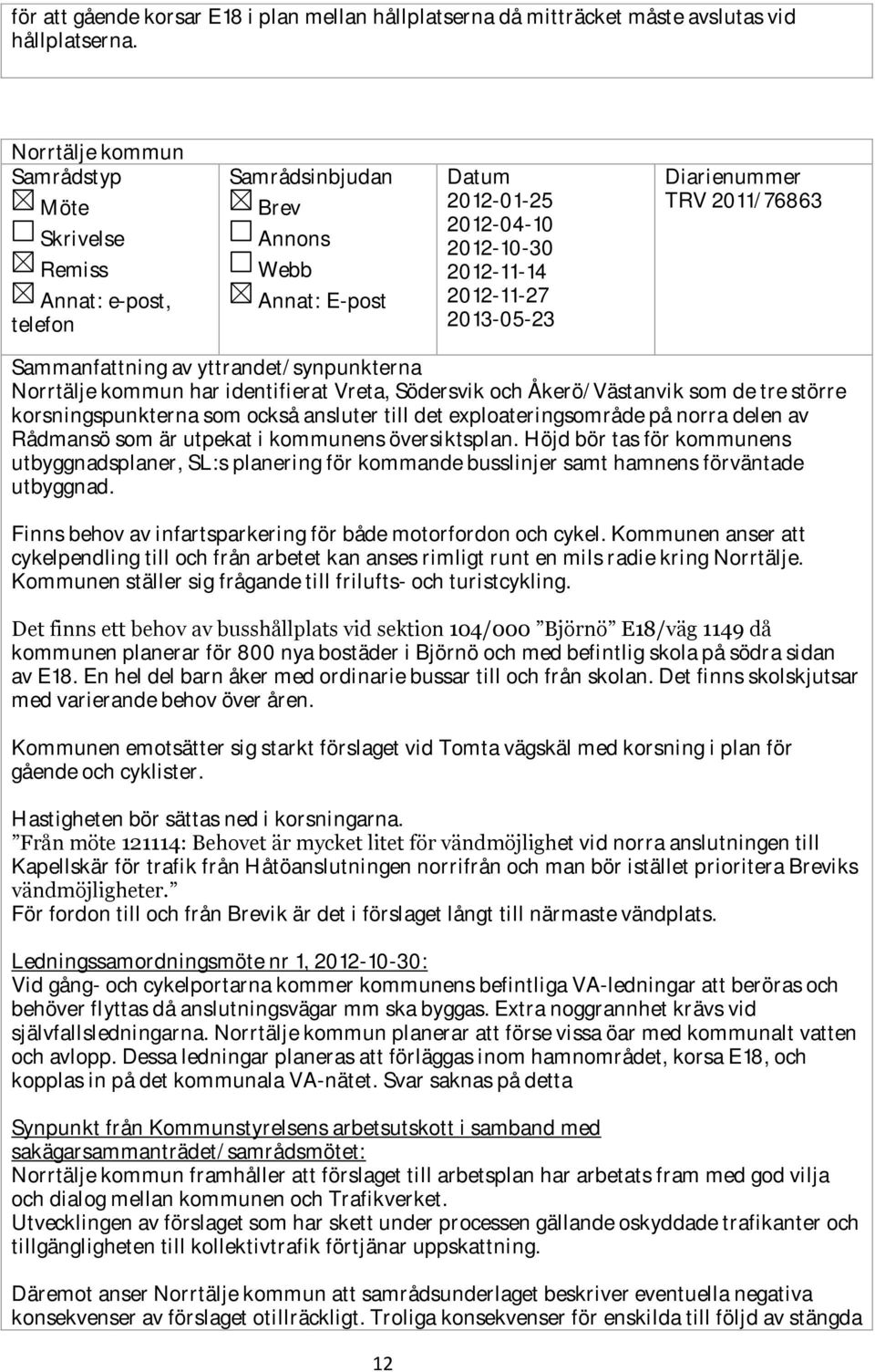 Diarienummer TRV 2011/76863 Sammanfattning av yttrandet/synpunkterna Norrtälje kommun har identifierat Vreta, Södersvik och Åkerö/Västanvik som de tre större korsningspunkterna som också ansluter