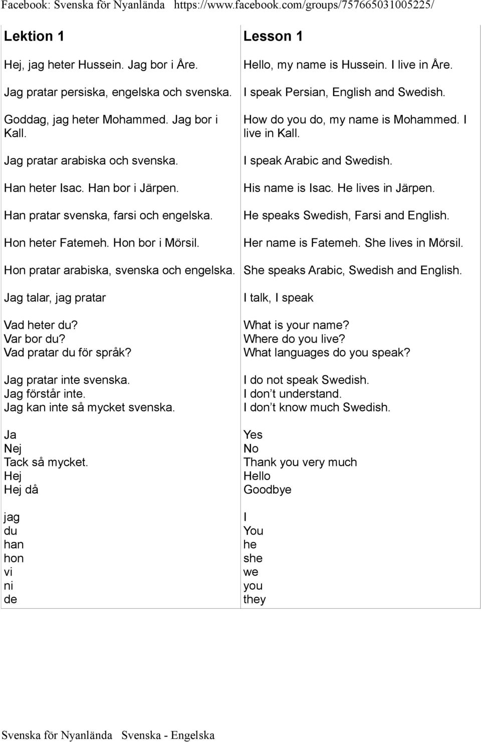 Vad pratar du för språk? Jag pratar inte svenska. Jag förstår inte. Jag kan inte så mycket svenska. Ja Nej Tack så mycket. Hej Hej då jag du han hon vi ni de Lesson 1 Hello, my name is Hussein.