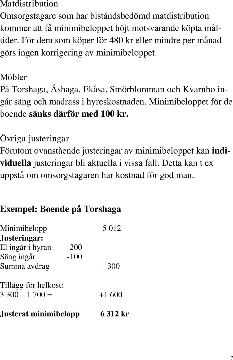 Möbler På Torshaga, Åshaga, Ekåsa, Smörblomman och Kvarnbo ingår säng och madrass i hyreskostnaden. Minimibeloppet för de boende sänks därför med 100 kr.