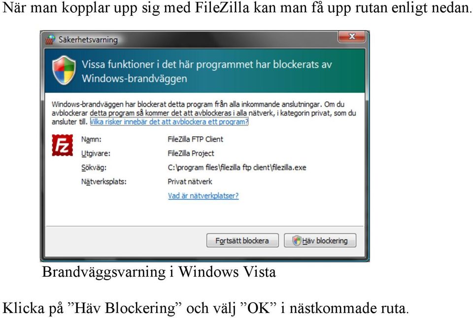 Brandväggsvarning i Windows Vista Klicka