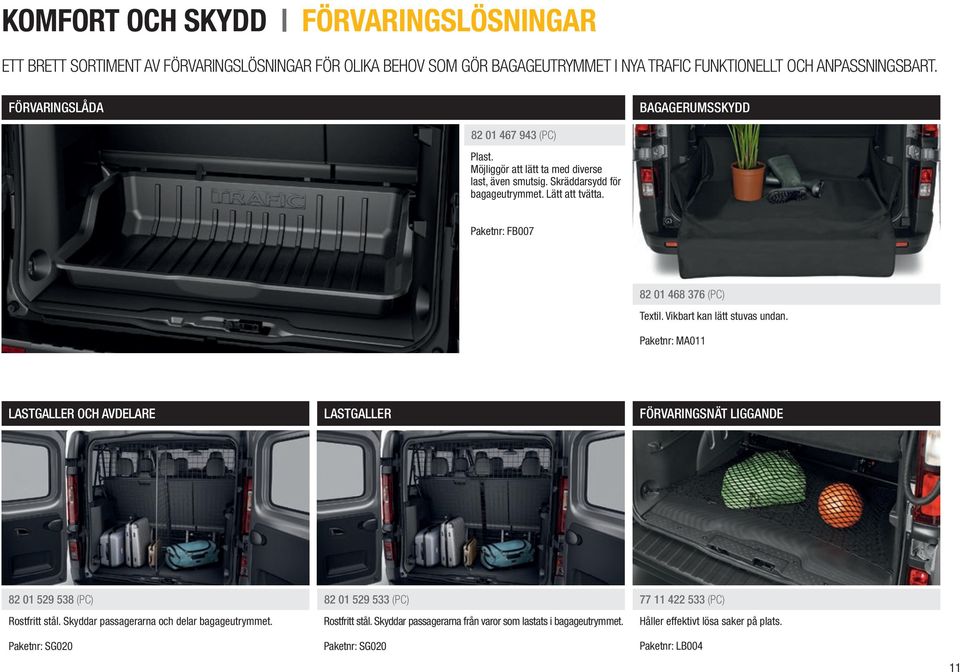 Paketnr: FB007 82 01 468 376 (PC) Textil. Vikbart kan lätt stuvas undan. Paketnr: MA011 LASTGALLER OCH AVDELARE LASTGALLER FÖRVARINGSNÄT LIGGANDE 82 01 529 538 (PC) Rostfritt stål.