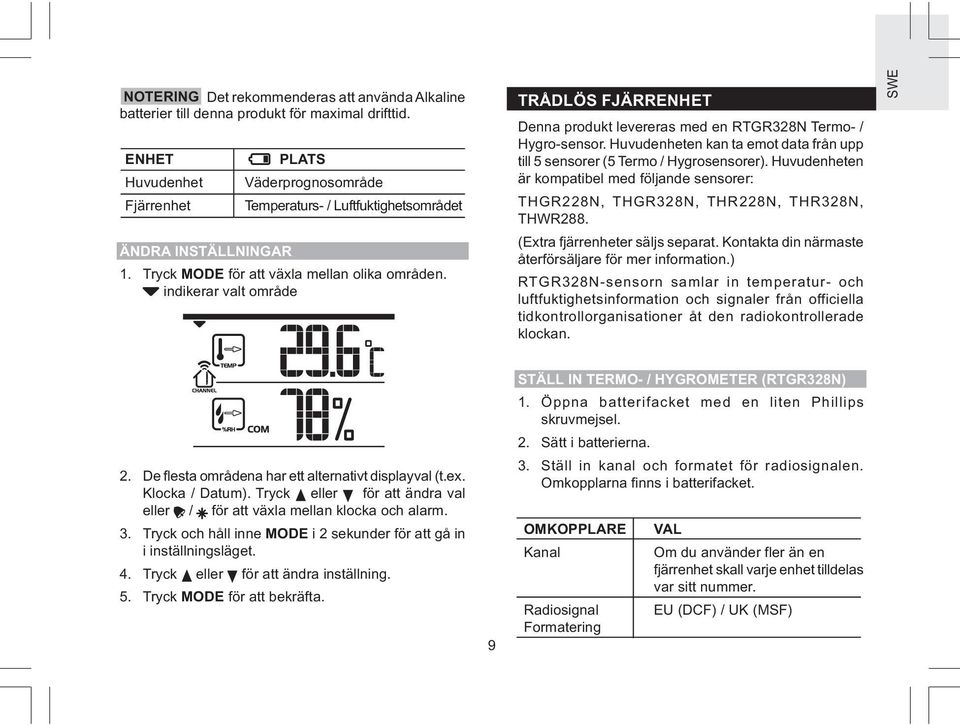 indikerar valt område TRÅDLÖS FJÄRRENHET Denna produkt levereras med en RTGR38N Termo- / Hygro-sensor. Huvudenheten kan ta emot data från upp till 5 sensorer (5 Termo / Hygrosensorer).
