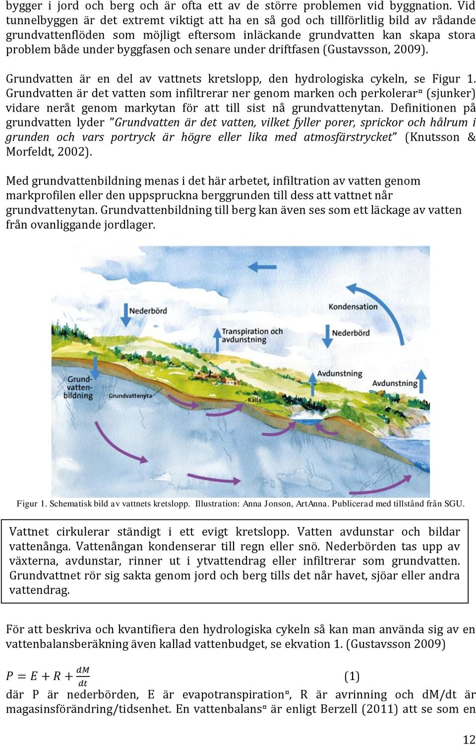 och senare under driftfasen (Gustavsson, 2009). Grundvatten är en del av vattnets kretslopp, den hydrologiska cykeln, se Figur 1.