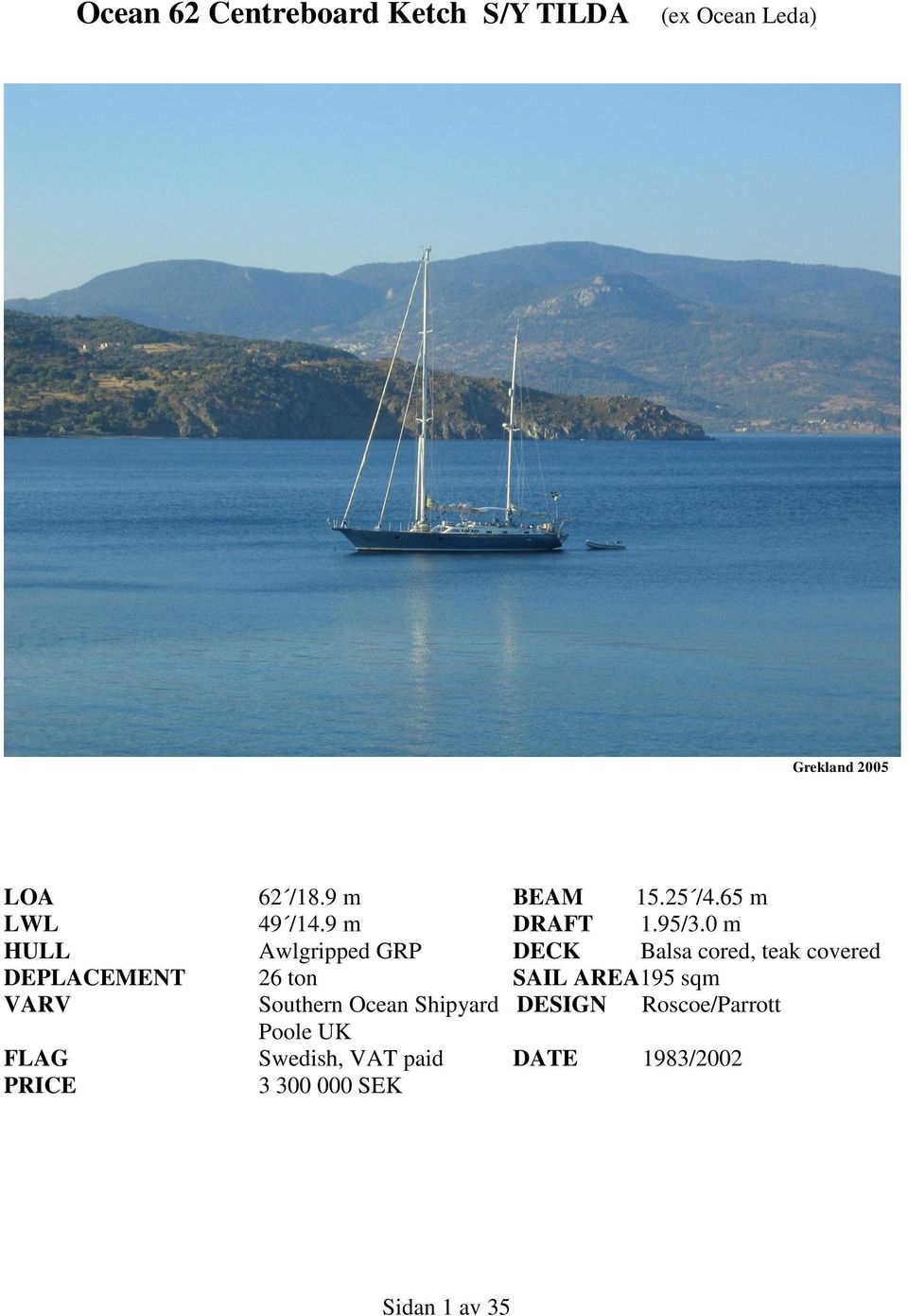 0 m HULL Awlgripped GRP DECK Balsa cored, teak covered DEPLACEMENT 26 ton SAIL AREA195