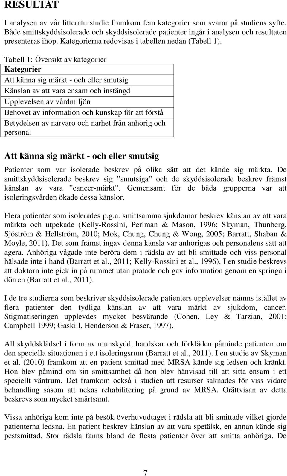 Tabell 1: Översikt av kategorier Kategorier Att känna sig märkt - och eller smutsig Känslan av att vara ensam och instängd Upplevelsen av vårdmiljön Behovet av information och kunskap för att förstå