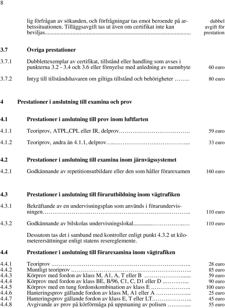 . 80 euro 4 Prestationer i anslutning till examina och prov 4.1 Prestationer i anslutning till prov inom luftfarten 4.1.1 Teoriprov, ATPL,CPL eller IR, delprov. 59 euro 4.1.2 Teoriprov, andra än 4.1.1, delprov.