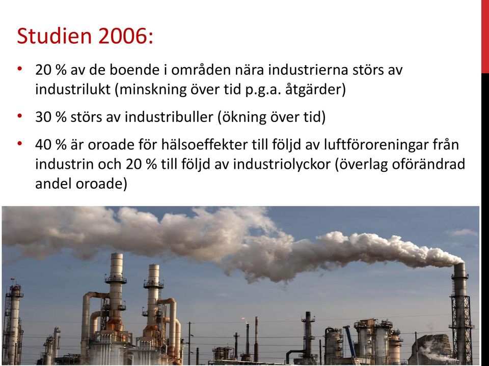 åtgärder) 30 % störs av industribuller (ökning över tid) 40 % är oroade för