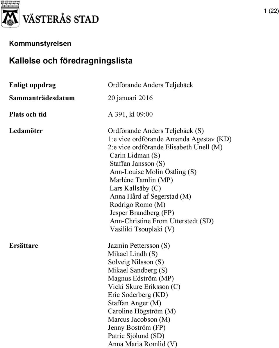 Kallsäby (C) Anna Hård af Segerstad (M) Rodrigo Romo (M) Jesper Brandberg (FP) Ann-Christine From Utterstedt (SD) Vasiliki Tsouplaki (V) Jazmin Pettersson (S) Mikael Lindh (S) Solveig Nilsson (S)
