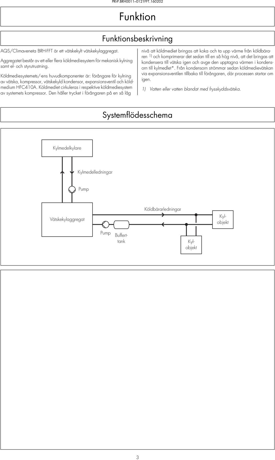 Köldmediesystemets/-ens huvudkomponenter är: förångare för kylning av vätska, kompressor, vätskekyld kondensor, expansionsventil och köldmedium HFC40A.