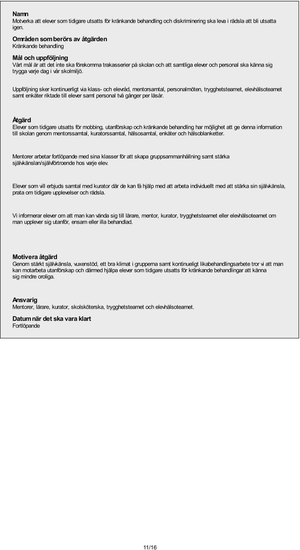 Uppföljning sker kontinuerligt via klass- och elevråd, mentorsamtal, personalmöten, trygghetsteamet, elevhälsoteamet samt enkäter riktade till elever samt personal två gånger per läsår.