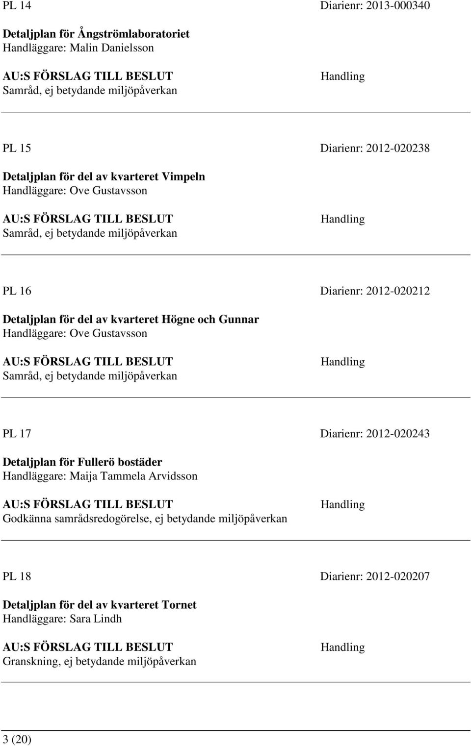 Handläggare: Ove Gustavsson Samråd, ej betydande miljöpåverkan PL 17 Diarienr: 2012-020243 Detaljplan för Fullerö bostäder Handläggare: Maija Tammela Arvidsson Godkänna