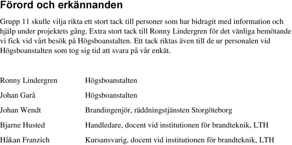 Ett tack riktas även till de ur personalen vid Högsboanstalten som tog sig tid att svara på vår enkät.
