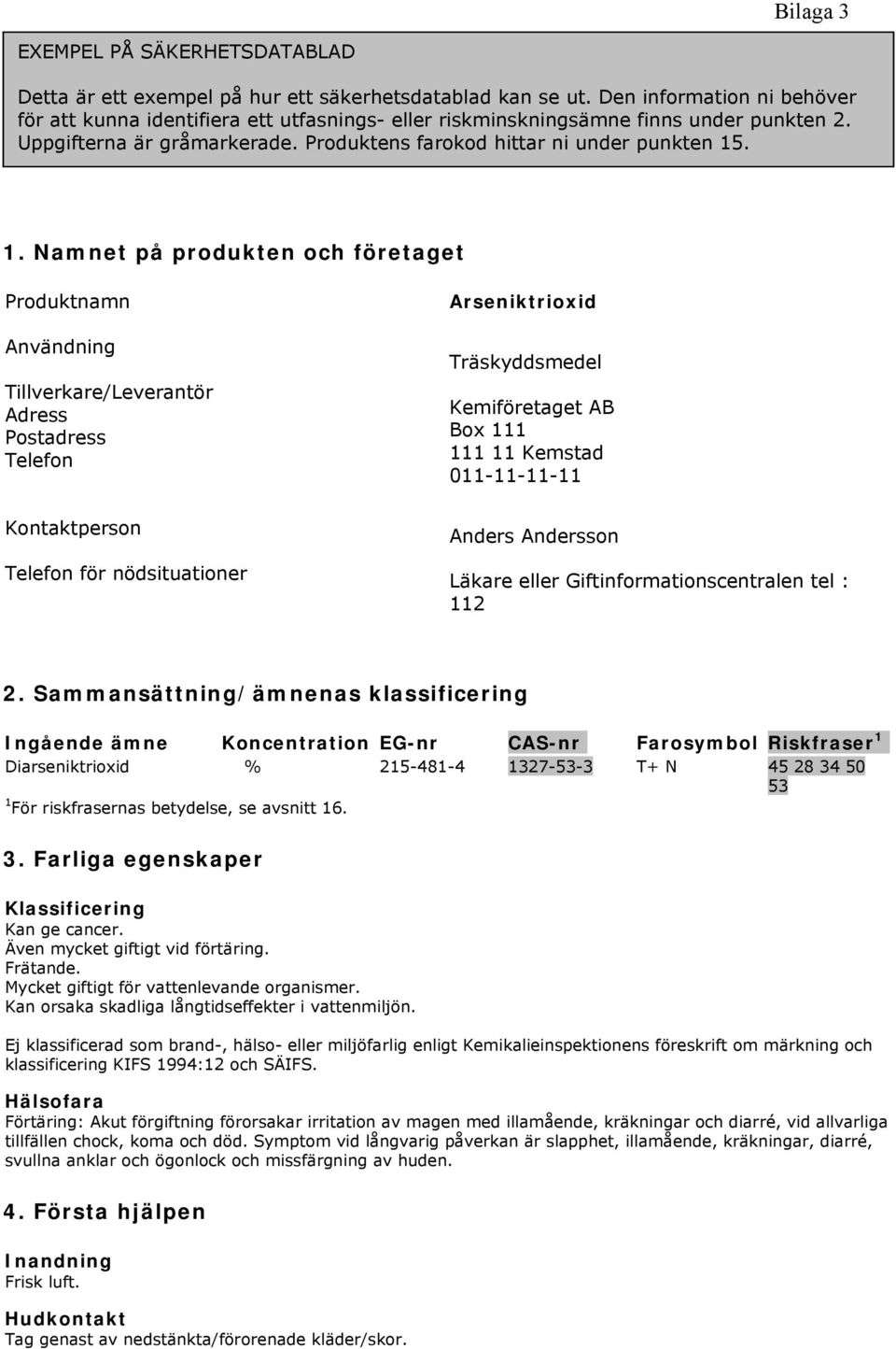 . 1. Namnet på produkten och företaget Produktnamn Användning Tillverkare/Leverantör Adress Postadress Telefon Kontaktperson Telefon för nödsituationer Arseniktrioxid Träskyddsmedel Kemiföretaget AB