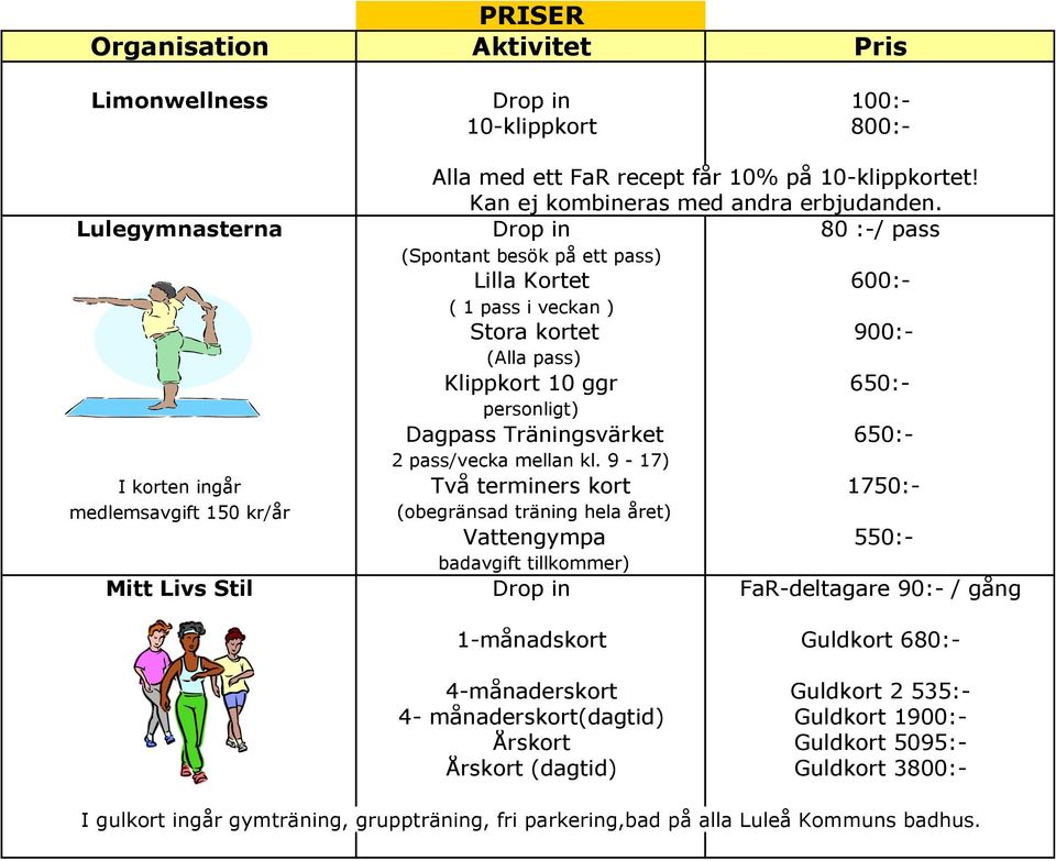 personligt) Dagpass Träningsvärket 650:- 2 pass/vecka mellan kl.
