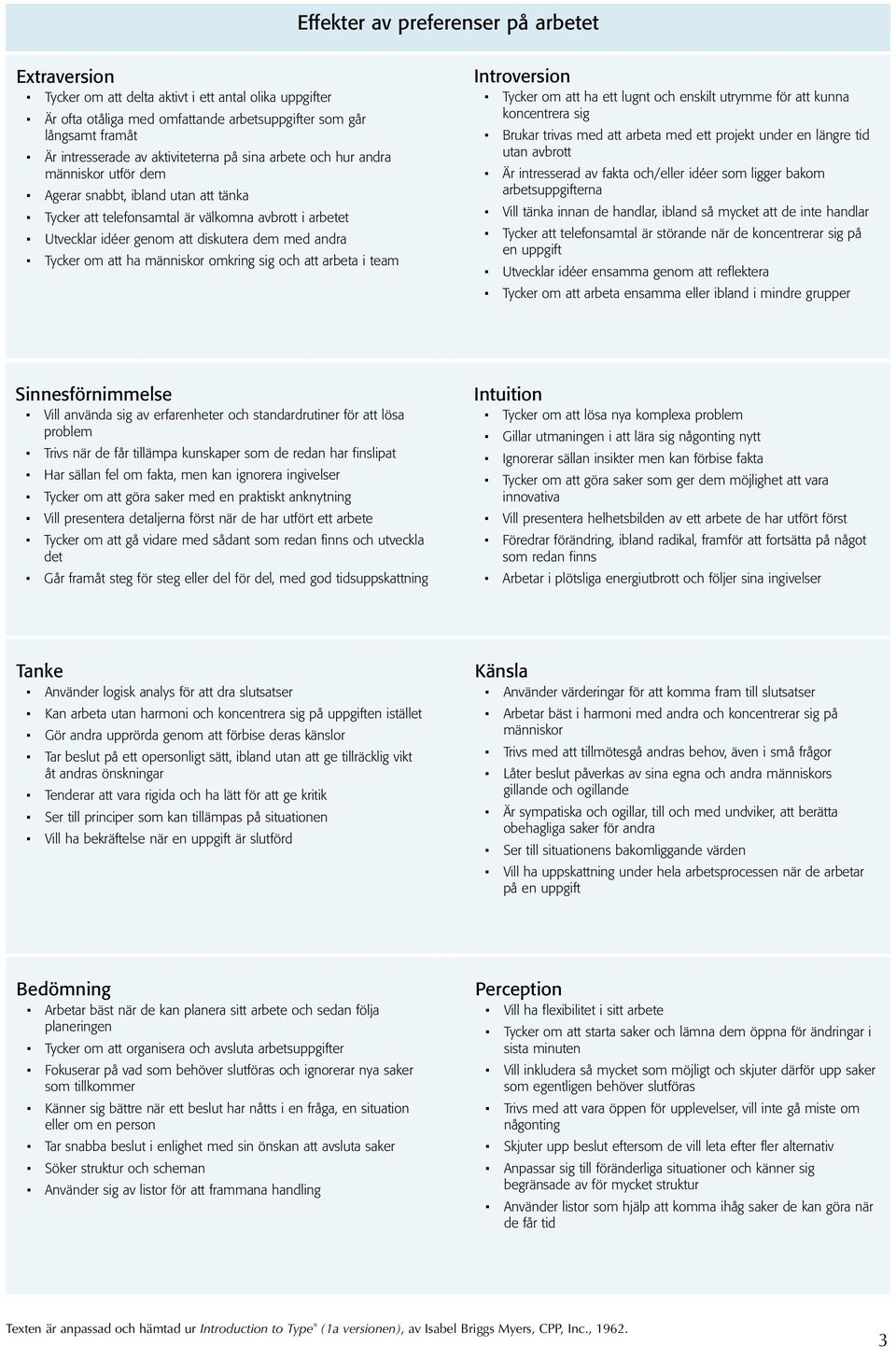 andra Tycker om att ha människor omkring sig och att arbeta i team Introversion Tycker om att ha ett lugnt och enskilt utrymme för att kunna koncentrera sig Brukar trivas med att arbeta med ett