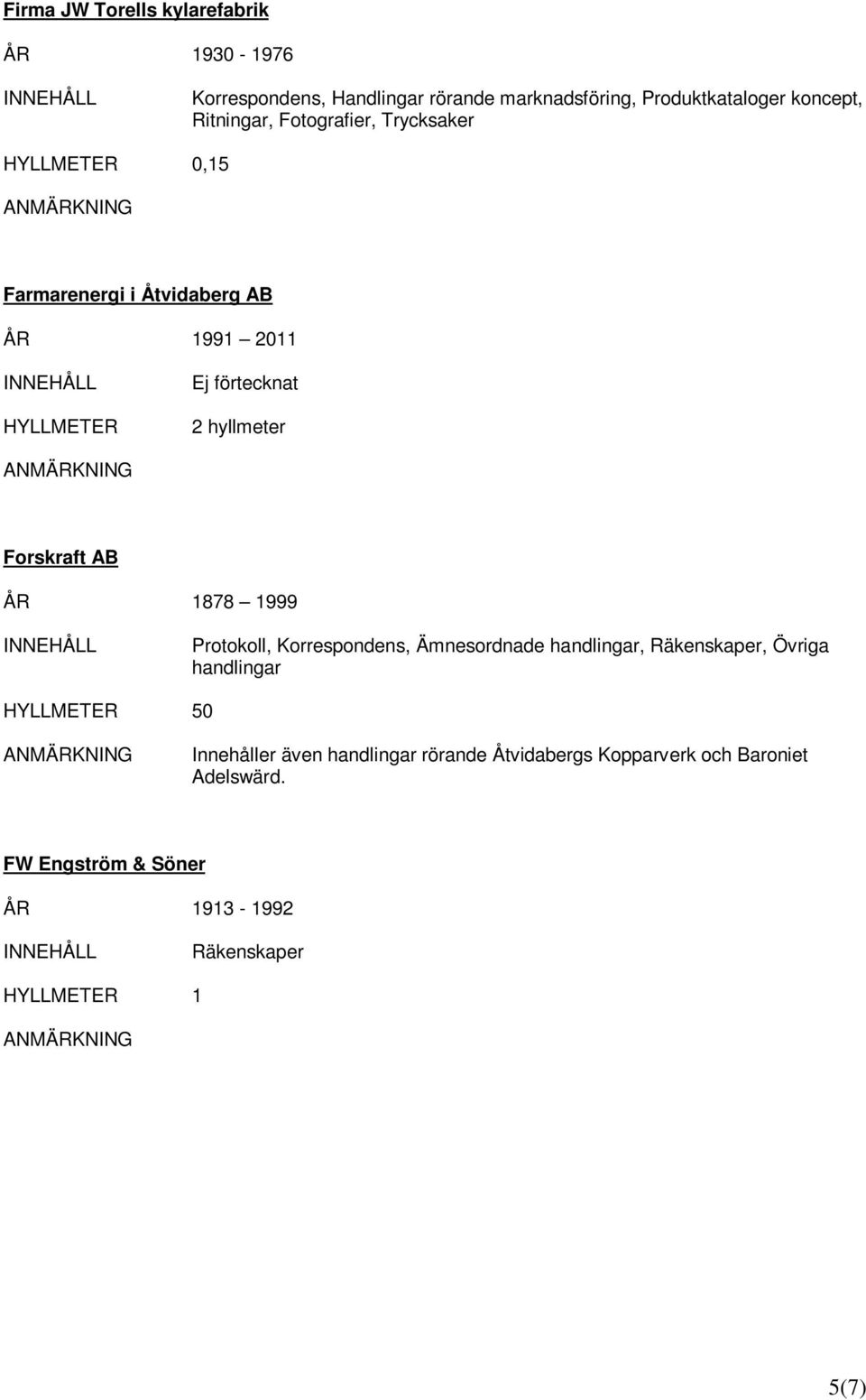 AB ÅR 1878 1999 Protokoll, Korrespondens, Ämnesordnade handlingar, Räkenskaper, Övriga handlingar 50 Innehåller