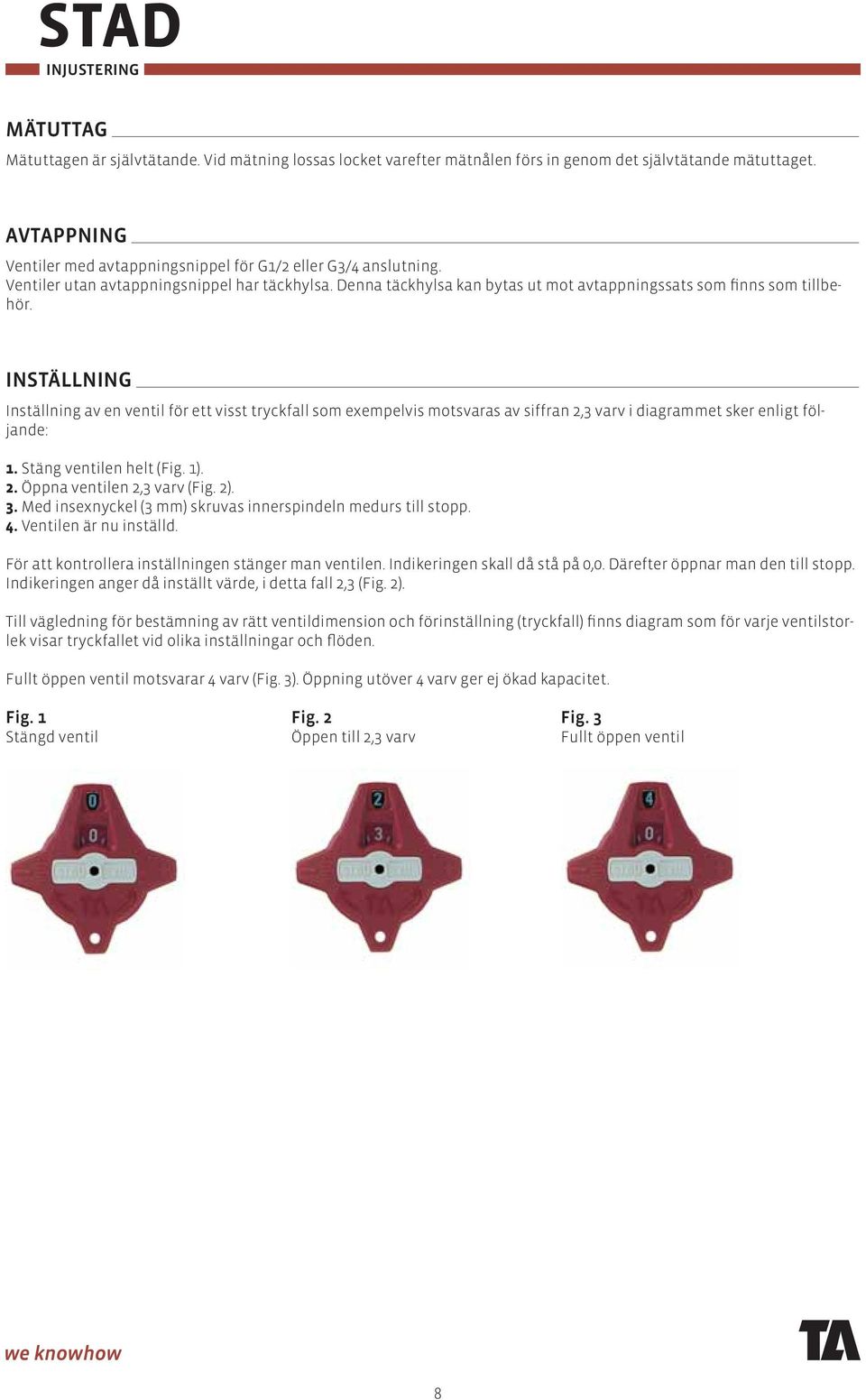 INSTÄNING Inställning av en ventil för ett visst tryckfall som exempelvis motsvaras av siffran 2,3 varv i diagrammet sker enligt följande: 1. Stäng ventilen helt (Fig. 1). 2. Öppna ventilen 2,3 varv (Fig.