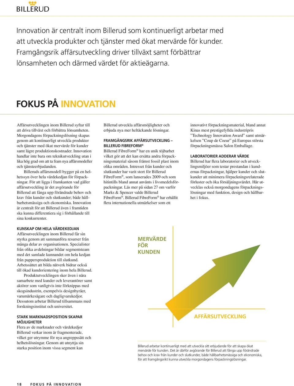 fokus på innovation Affärsutvecklingen inom Billerud syftar till att driva tillväxt och förbättra lönsamheten.